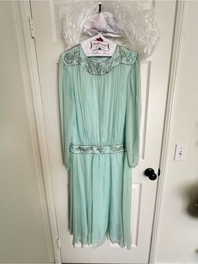 Rimini Light Mint Green Beaded Maxi Vintage Silk Dress Size 10